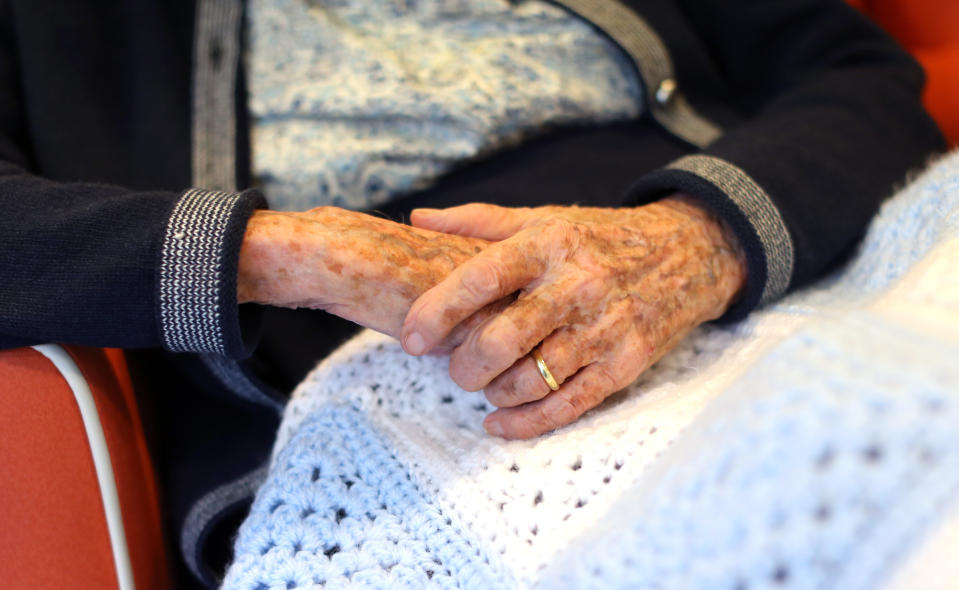 The hands of an elderly woman at a nursing home in south London, as research has revealed that care home residents were more likely to die of Covid-19 in the UK than in any of the major European countries apart from Spain. Picture date: Wednesday July 1, 2020. 