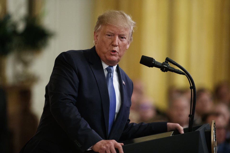 President Donald Trump speaks during an event on the environment in the East Room of the White House, Monday, July 8, 2019, in Washington. (AP Photo/Evan Vucci)