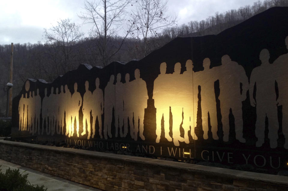 FILE - In this Dec. 3, 2015 file photo, The Upper Big Branch Miners Memorial is shown in Whitesville, W.Va. A public service scheduled for Sunday, April 5, 2020, at a memorial in Whitesville, W.Va., on the 10-year anniversary of the disaster was canceled due to concerns over the coronavirus pandemic. (AP Photo/John Raby, File)