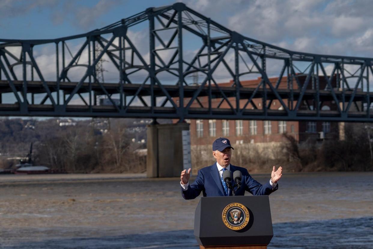 President Joe Biden speaks to a crowd about his economic and infrastructure plans on January 4, 2023 in Covington, Kentucky.