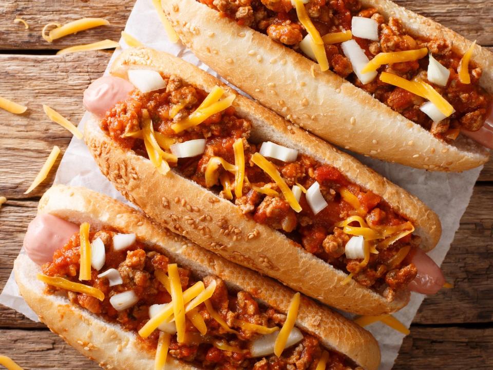 chili cheese hot dogs on a plate