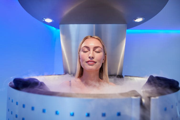 <span class="caption">Cryo-sauna.</span> <span class="attribution"><a class="link " href="https://www.shutterstock.com/image-photo/portrait-happy-young-woman-whole-body-452485297" rel="nofollow noopener" target="_blank" data-ylk="slk:Jacob Lund/Shutterstock;elm:context_link;itc:0;sec:content-canvas">Jacob Lund/Shutterstock</a></span>