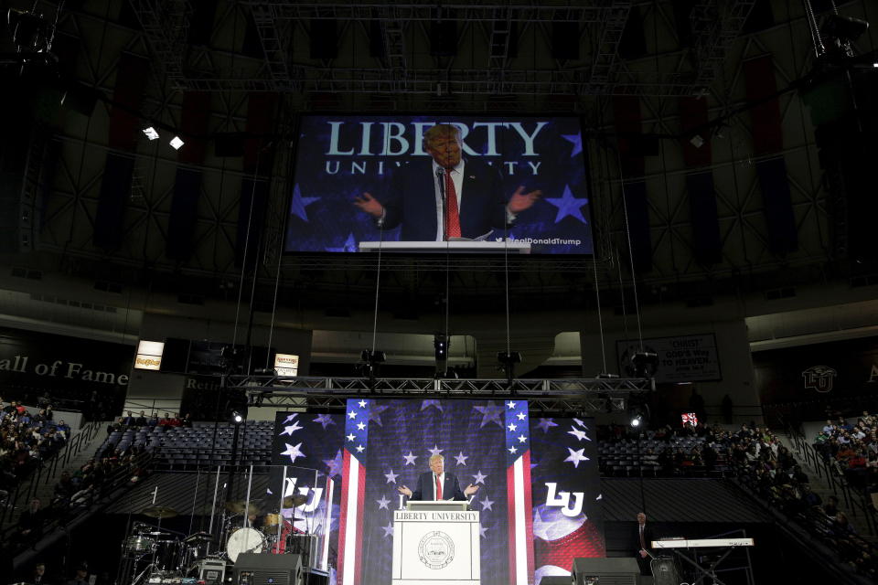 Donald Trump (then a candidate for the presidency) speaks at Liberty University in Lynchburg, Virginia, January 18, 2016.&nbsp; (Photo: Joshua Roberts / Reuters)