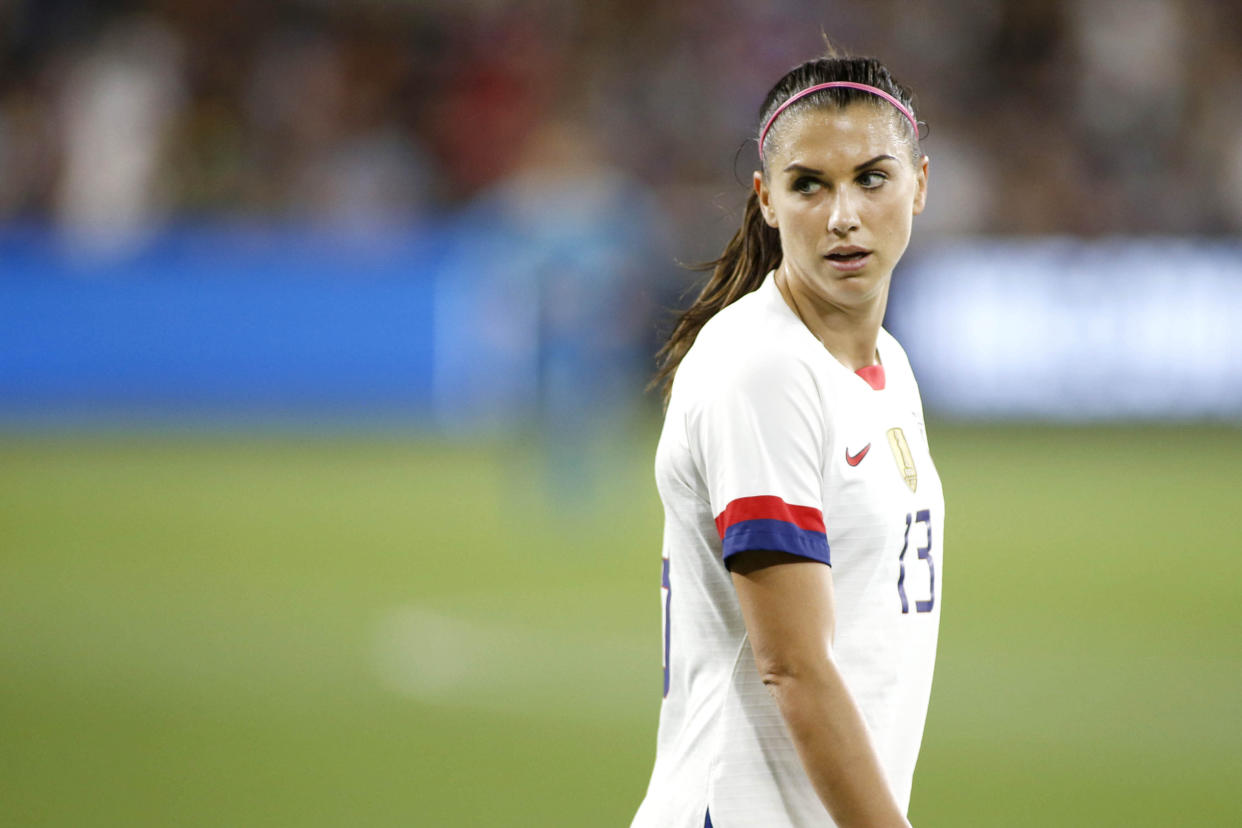 LOS ANGELES, CALIFORNIA - APRIL 07:   Alex Morgan #13 of United States Women's National Team looks on during a game against the Belgian Women's National Team at Banc of California Stadium on April 07, 2019 in Los Angeles, California. (Photo by Katharine Lotze/Getty Images)