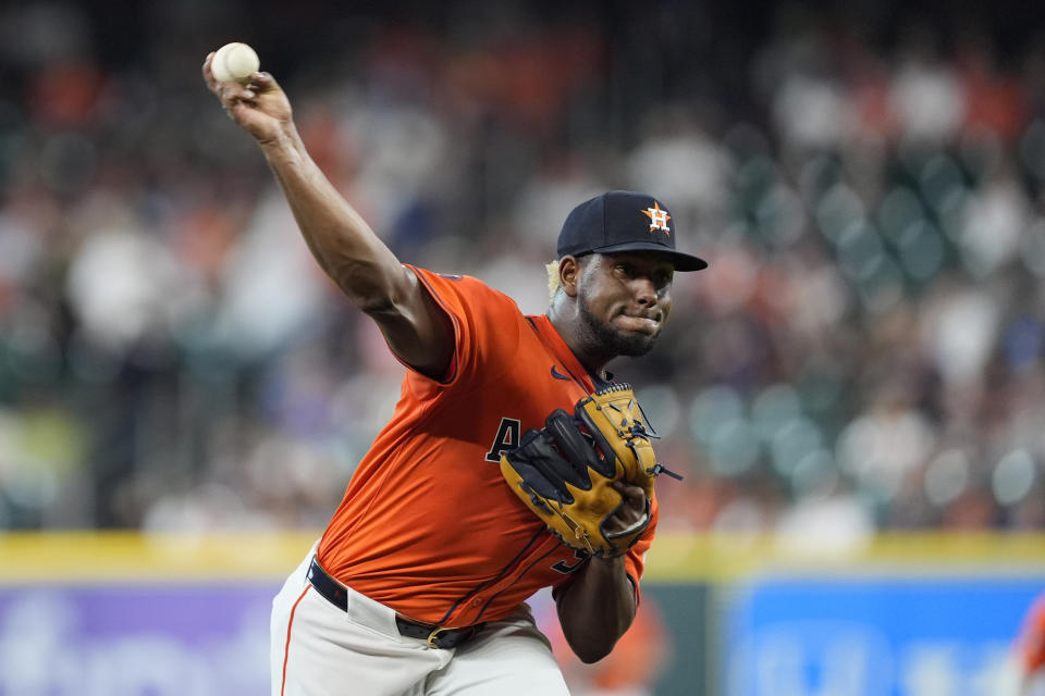 Houston Astros starting pitcher Ronel Blanco throws against the Minnesota Twins during the first inning of a baseball game Friday, May 31, 2024, in Houston. (AP Photo/David J. Phillip)