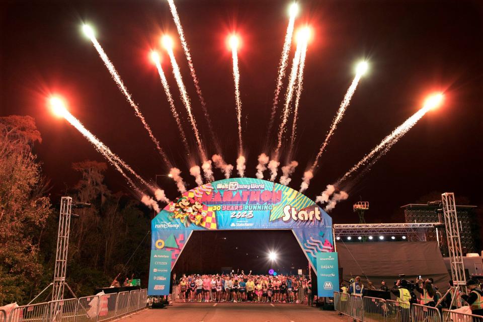 Runners take their marks at the 2023 Walt Disney World Marathon, the final event during the four-day Walt Disney World Marathon Weekend on January 8, 2023 in Lake Buena Vista, Fla. This year’s event honored the 30th annual race weekend with throwback theming, characters, and nostalgic nods to the race’s early years. (Gregg Newton, photographer)