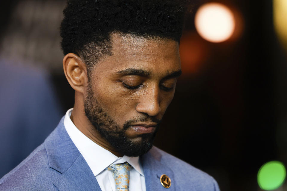 Baltimore Mayor Brandon Scott pauses during a press conference at the Small Business Administration business recovery center, Thursday, April 4, 2024, in Baltimore. (AP Photo/Julia Nikhinson)