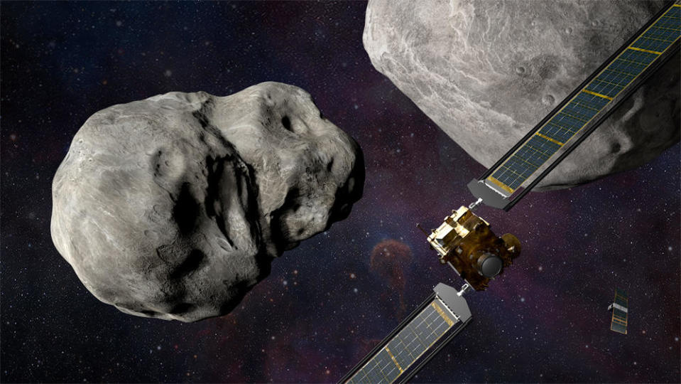 An artist's impression of the DART probe closing in on Dimorphos, a small moonlet orbiting a half-mile-wide asteroid known as Didymos. A small Italian hitchhiker satellite that will monitor DART's high-speed impact next September is visible at lower right. / Credit: Johns Hopkins University/APL