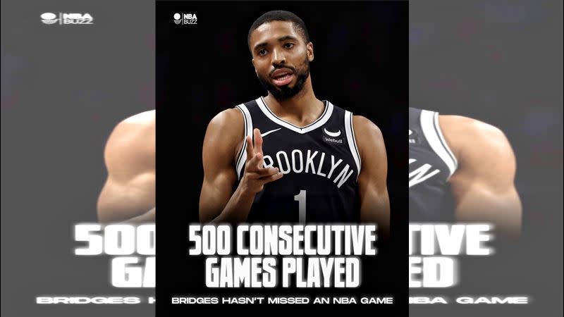 籃網布里吉斯（Mikal Bridges）連續出賽500場，且生涯從未缺賽過任何1場。（圖／翻攝自NBA Buzz推特）