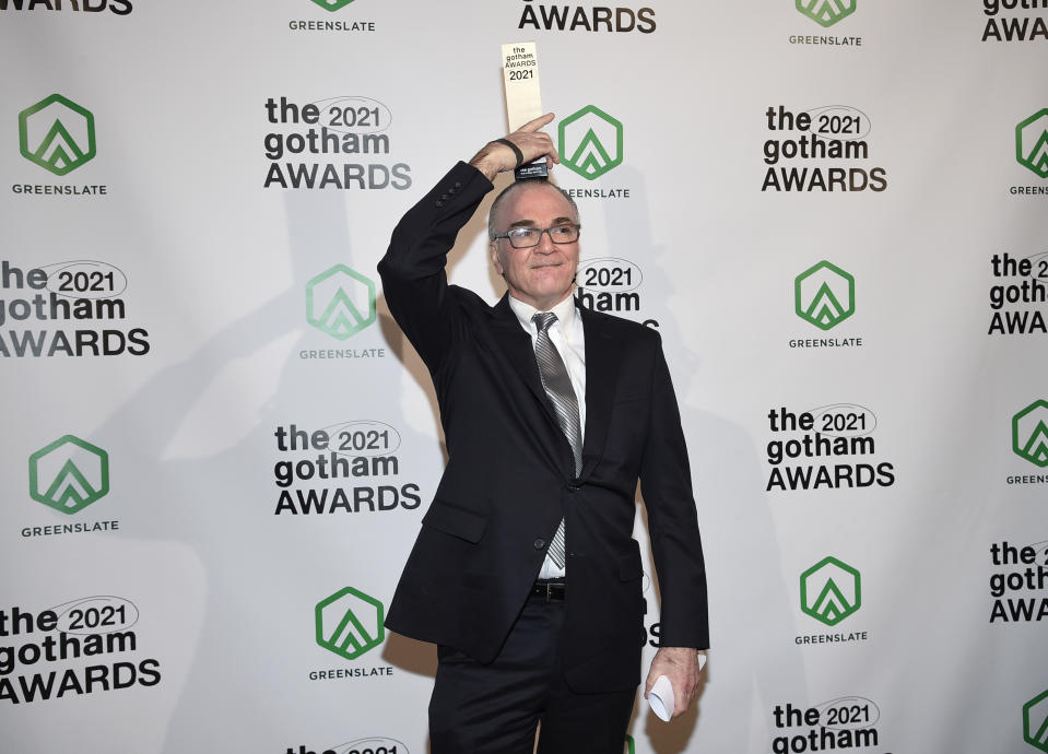 Eamonn Bowles poses with the industry tribute award at the Gotham Awards at Cipriani Wall Street on Monday, Nov. 29, 2021, in New York. (Photo by Evan Agostini/Invision/AP)