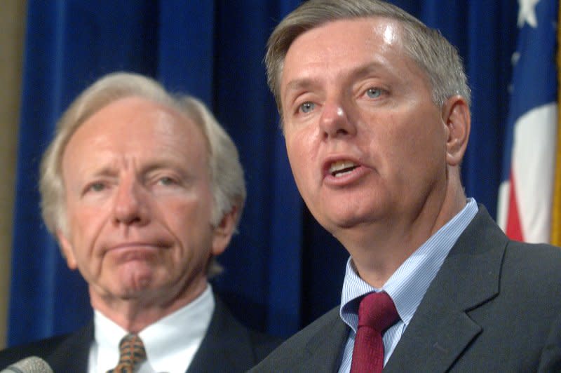 Sen. Lindsey Graham, R-S.C., speaks about the war in Iraq, alongside Sen. Joe Lieberman, I-Conn., at a press conference in Washington, D.C., on June 28, 2007. File photo by Kevin Dietsch/UPI