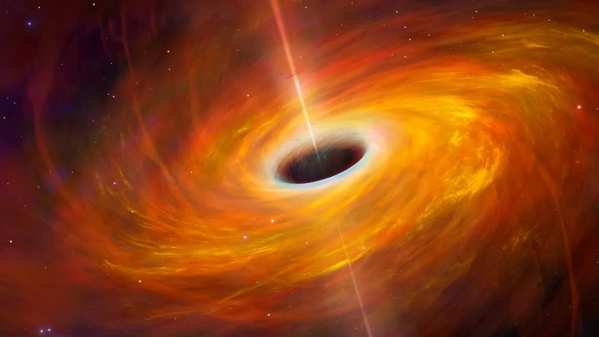  A black hole in the middle of a swirling orange cloud. 