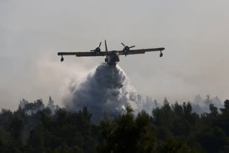 A firefighting plane makes a water drop as a wildfire burns near the village of Stavros on the island of Evia