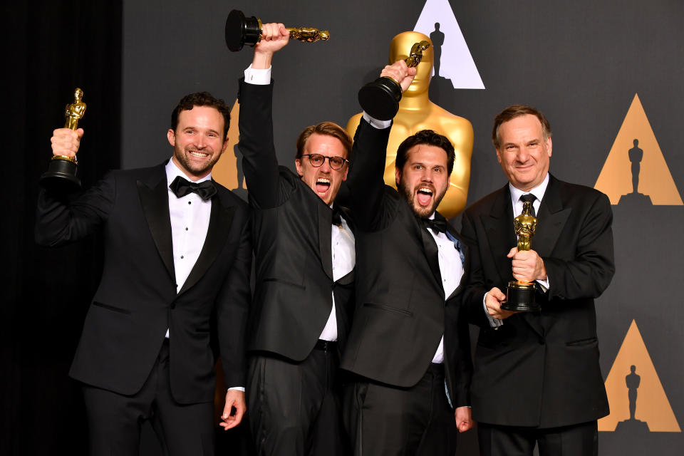 HOLLYWOOD, CA - FEBRUARY 26:  (L-R) Visual effects artists Dan Lemmon, Andrew R. Jones, Adam Valdez and Robert Legato, winners of the award for Visual Effects for 'The Jungle Book,' pose in the press room during the 89th Annual Academy Awards at Hollywood & Highland Center on February 26, 2017 in Hollywood, California.  (Photo by Steve Granitz/WireImage)