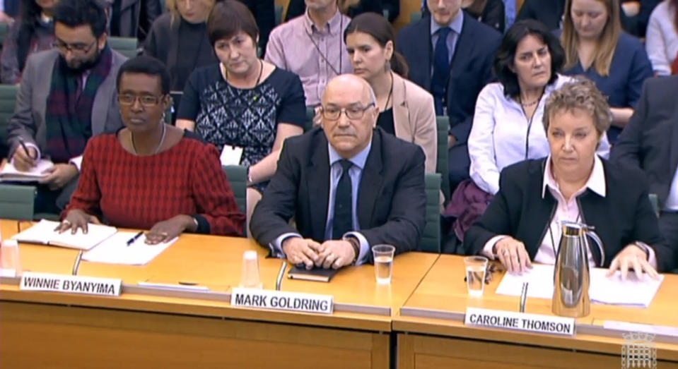 Winnie Byanyima, executive director of Oxfam International, Mark Goldring, CEO of Oxfam GB, and Caroline Thomson, chair of trustees for Oxfam GB, give evidence to MPs (Picture: PA)