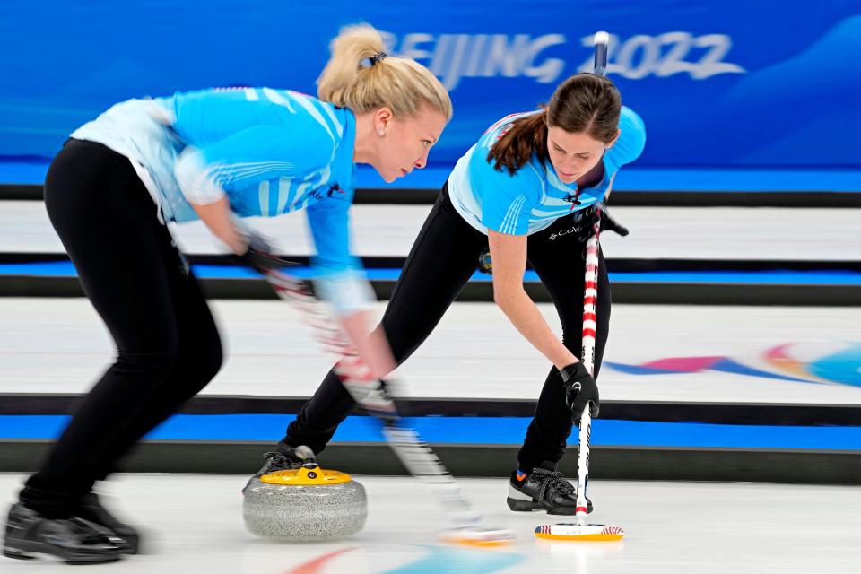 Nina Roth (USA) and Tara Peterson (USA) in the women’s curling round robin round the Beijing Olympics.