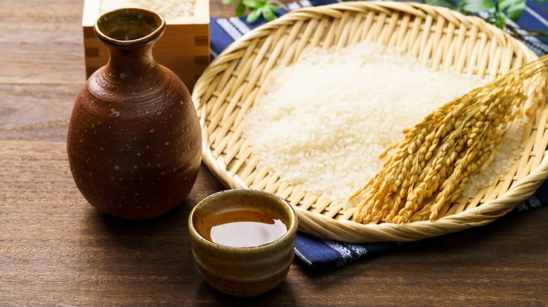 Bottle of sake and rice