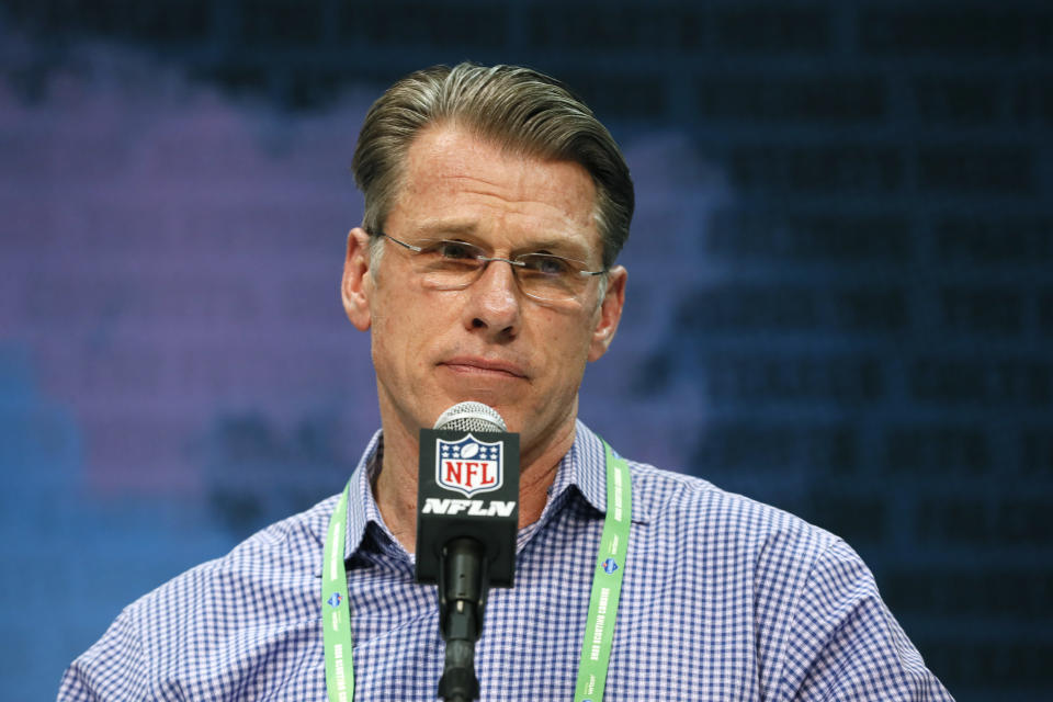 FILE - In this Feb. 25, 2020, file photo, Minnesota Vikings general manager Rick Spielman speaks during a press conference at the NFL football scouting combine in Indianapolis. The NFL Draft is April 23-25. (AP Photo/Charlie Neibergall, File)