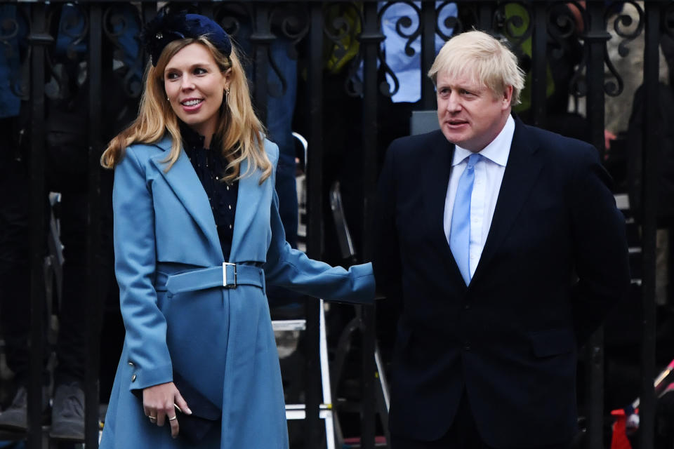 LONDON, ENGLAND - MARCH 09: UK Prime Minister Boris Johnson and his fiancee Carrie Symonds leave the Commonwealth Day Service 2020 at Westminster Abbey on March 09, 2020 in London, England. The Commonwealth represents 2.4 billion people and 54 countries, working in collaboration towards shared economic, environmental, social and democratic goals. (Photo by Chris J Ratcliffe/Getty Images)