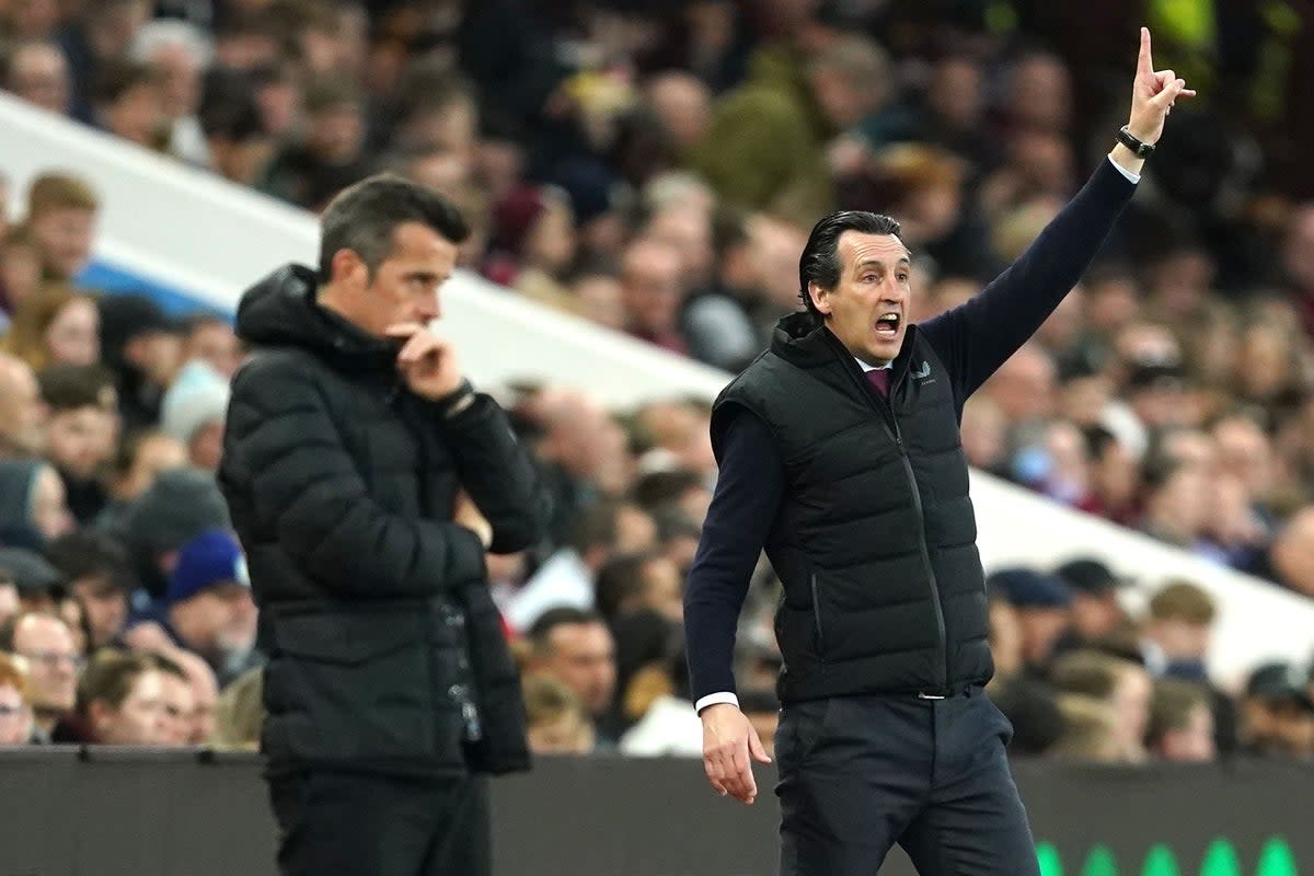 Fulham manager Marco Silva looks on as Aston Villa manager Unai Emery (right) reacts during the Premier League match at Villa Park, Birmingham. Picture date: Tuesday April 25, 2023. (PA Wire)