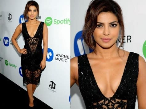 Actor, songstress, producer and what not Priyanka Chopra has been flattering with her fashion sense. She not only sparkles in home country but overseas too. At the prestigious Grammy awards after party our Piggy chops looks spectacular in black figure-hugging dress with sheer panels, Louboutin pumps.