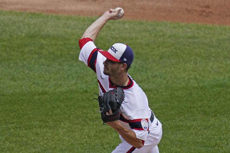 Chicago White Sox starting pitcher Dylan Cease throws against the Detroit Tigers during the first inning of a baseball game in Chicago, Sunday, June 6, 2021. (AP Photo/Nam Y. Huh)