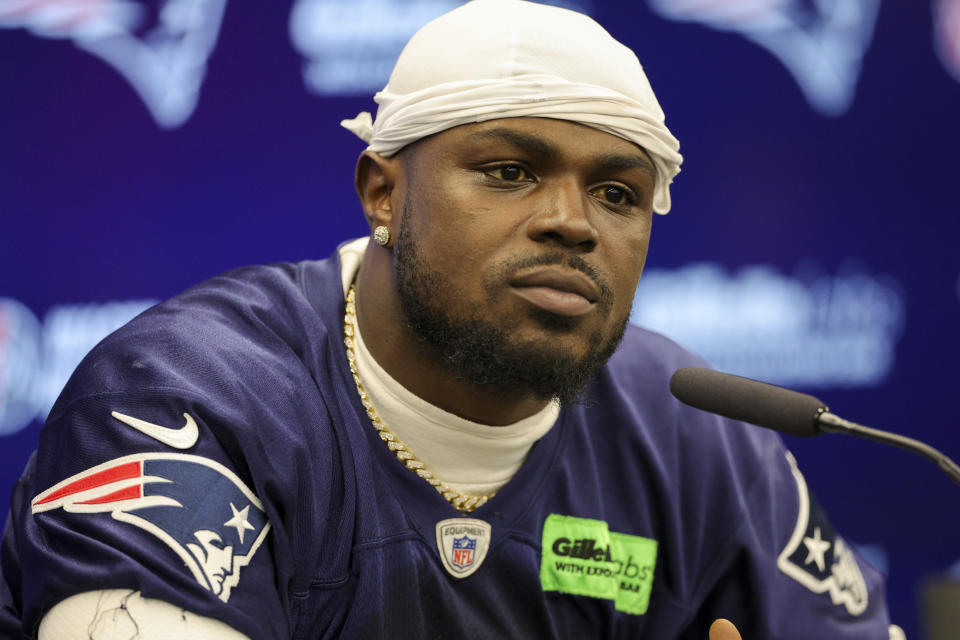 November 10, 2023; Frankfurt, Germany; New England Patriots safety Jabrill Peppers (5) speaks to the media before an NFL International Series practice at the Deutcher Fussball-Bund facility. Mandatory Credit: Nathan Ray Seebeck-USA TODAY Sports