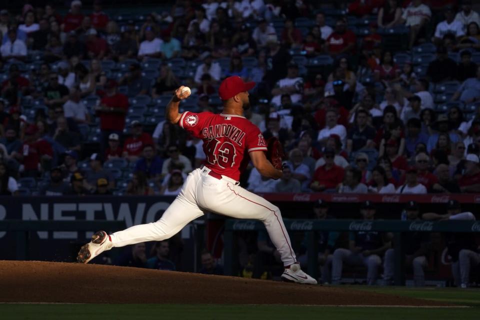 Angels starting pitcher Patrick Sandoval delivers during the first inning against the Mariners.