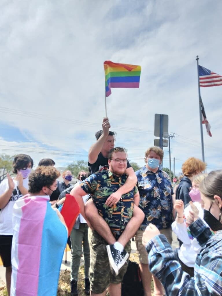 Students at Edgewood Jr./Sr. High School on Merritt Island participate in Thursday's protests of Florida's "Don't Say Gay" bill.