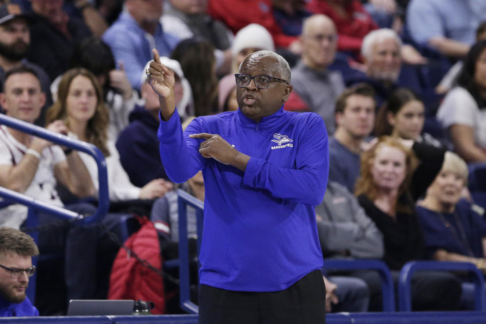 Cal State Bakersfield head coach Rod Barnes directs his team during the first half of an NCAA college basketball game against Gonzaga, Tuesday, Nov. 28, 2023, in Spokane, Wash. (AP Photo/Young Kwak)