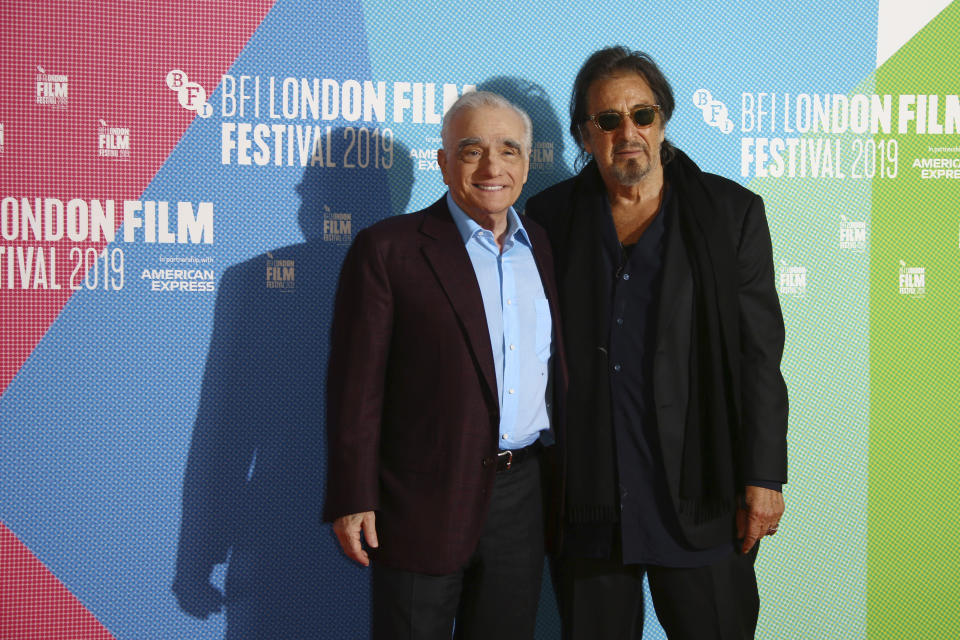 Actor Al Pacino, right, and director Martin Scorsese pose for photographers at the photocall of the film 'The Irishman' as part of the London Film Festival, in central London, Sunday, Oct. 13, 2019. (Photo by Joel C Ryan/Invision/AP)