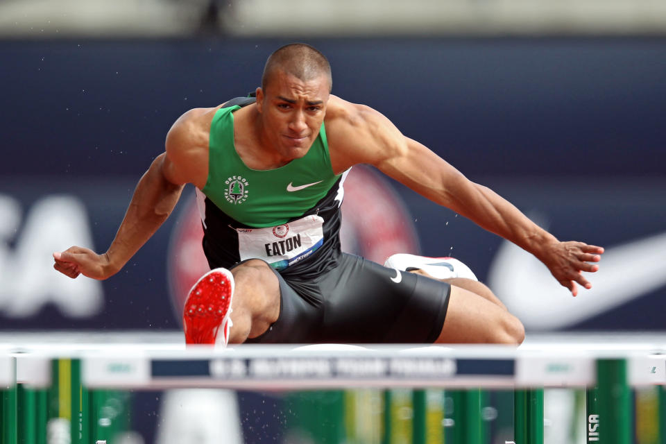 Ashton Eaton competes in the men's decathlon 110 meter hurdles during Day Two of the 2012 U.S. Olympic Track & Field Team Trials at Hayward Field on June 23, 2012 in Eugene, Oregon. (Photo by Andy Lyons/Getty Images)