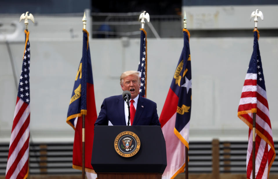 U.S. President Donald Trump delivers remarks to mark the 75th anniversary of the end of World War II and to designate Wilmington as an American World War II Heritage City during an event held at the USS Battleship North Carolina in Wilmington, North Carolina, U.S., September 2, 2020. (Leah Millis/Reuters)