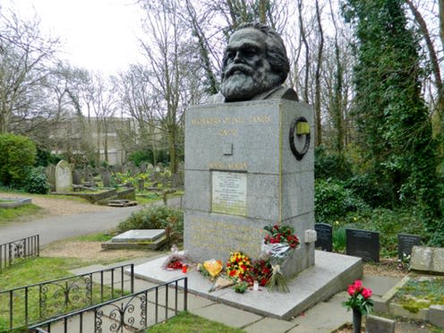 <span class="caption">Marx's tombstone was vandalised with a hammer in February 2019.</span> <span class="attribution"><span class="source">Paasikivi via Wikimedia Commons</span>, <a class="link " href="http://creativecommons.org/licenses/by-nc-sa/4.0/" rel="nofollow noopener" target="_blank" data-ylk="slk:CC BY-NC-SA;elm:context_link;itc:0;sec:content-canvas">CC BY-NC-SA</a></span>