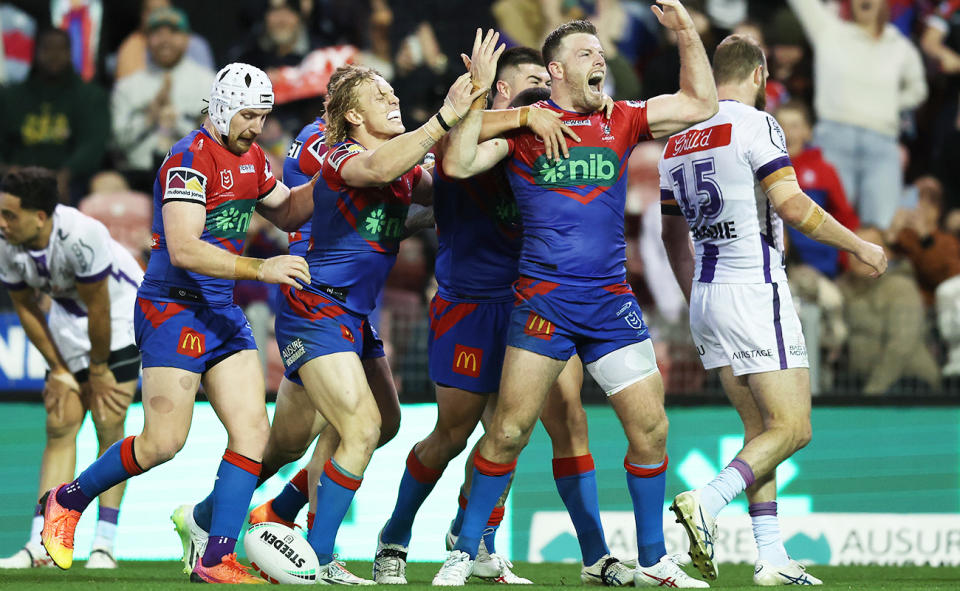 Lachlan Fitzgibbon, pictured here after a try for Newcastle against the Storm.