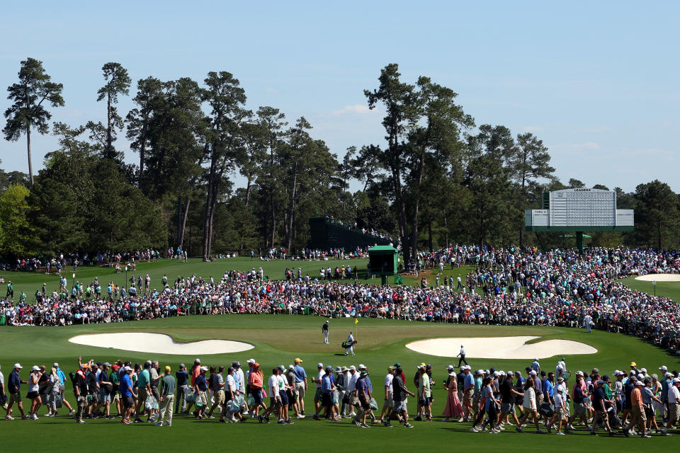 Seen here, a huge crowd watches Tiger Woods practice at Augusta National on Monday in Georgia. 