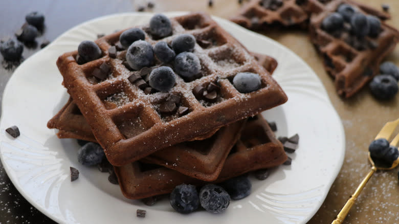 Chocolate waffles with blueberries