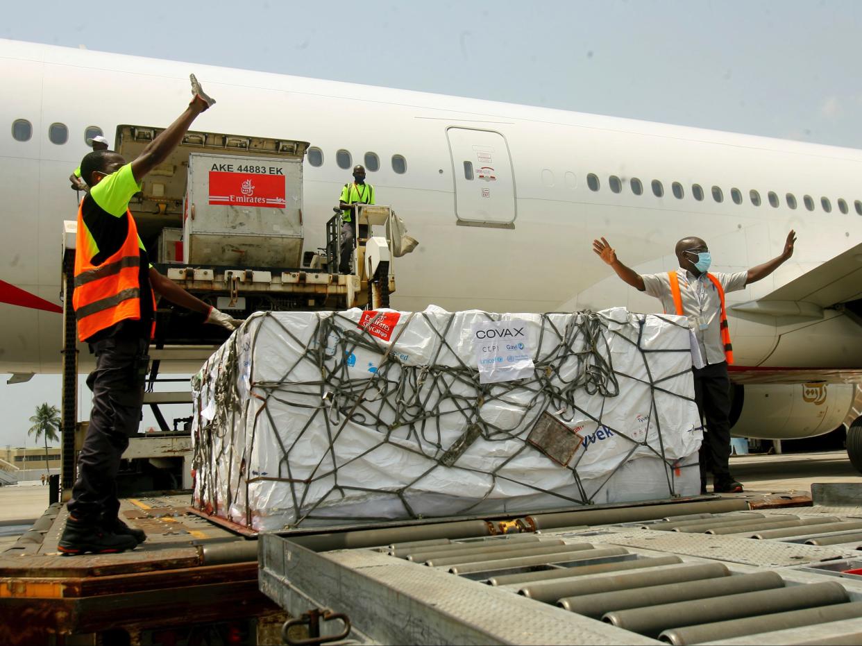 A shipment of Covid-19 vaccines distributed by the Covax facility arrives in Abidjan, Ivory Coast, on Friday 25 February (AP/Diomande Ble Blonde)