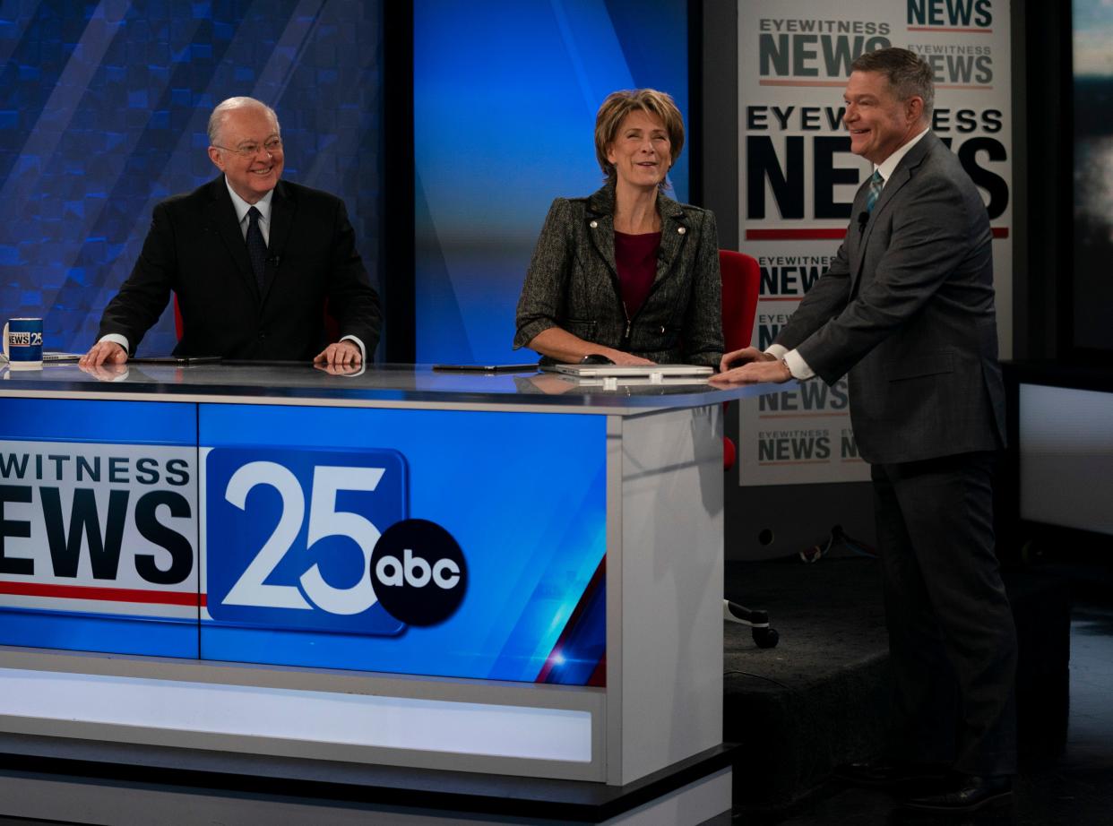 WEHT Lead Anchor Brad Byrd, left, and Evening Anchor Shelley Kirk, center, and Chief Meteorologist Wayne Hart, right, deliver the evening news Tuesday, March 14, 2023.