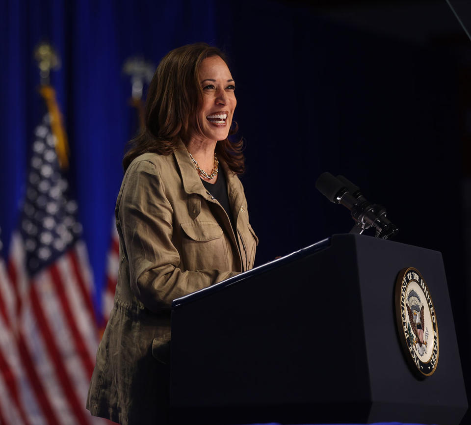 DOUGLAS, ARIZONA - SEPTEMBER 27: Democratic presidential nominee, U.S. Vice President Kamala Harris, speaks during a campaign event at Cochise College Douglas Campus on September 27, 2024 in Douglas, Arizona. With 38 days until the election, Vice President Kamala Harris is campaigning over the weekend in Arizona, California and Nevada. (Photo by Justin Sullivan/Getty Images)