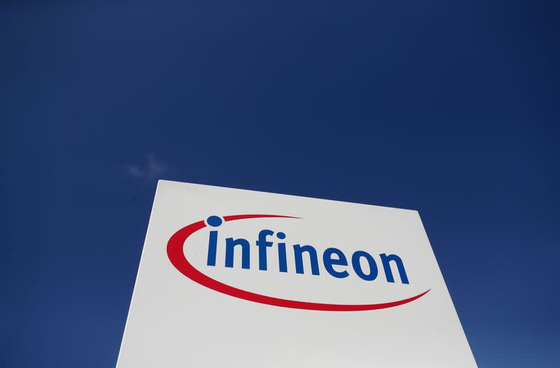 FILE PHOTO: The logo of semiconductor manufacturer Infineon is seen at its Austrian headquarters in Villach