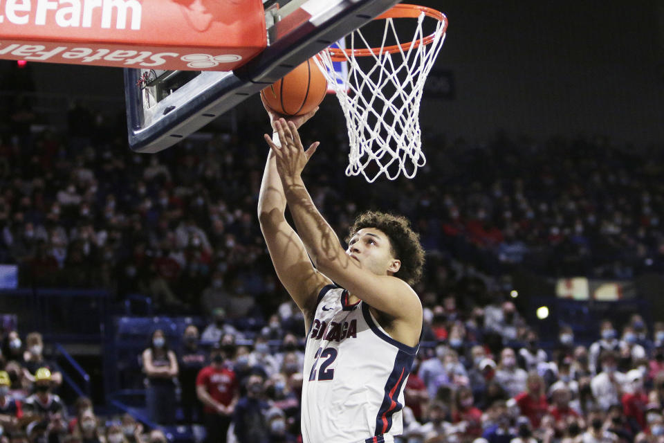 Gonzaga forward Anton Watson shoots during the first half of the team's NCAA college basketball game against San Francisco, Thursday, Jan. 20, 2022, in Spokane, Wash. (AP Photo/Young Kwak)