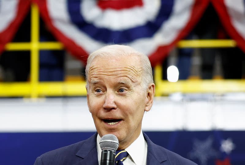 U.S. President Joe Biden visits the SK Siltron CSS facility in Bay City, Michigan