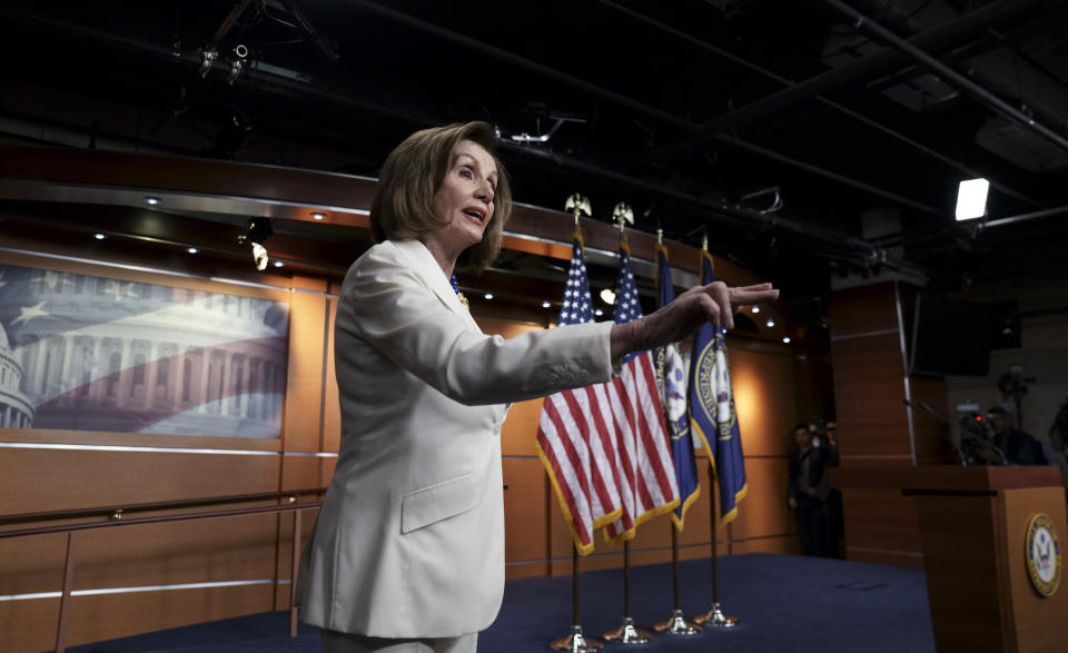 Speaker of the House Nancy Pelosi, D-Calif., responds forcefully to a question from a reporter who asked if she hated President Donald Trump, after announcing earlier that the House is moving forward to draft articles of impeachment against Trump, at the Capitol in Washington, Thursday, Dec. 5, 2019. (AP Photo/J. Scott Applewhite)