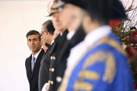 FILE - British Prime Minister Rishi Sunak arrives for the welcome ceremony of the President of the Republic of South Africa Cyril Ramaphosa at Horse Guards Parade in London, Nov. 22, 2022. In his first month as Britain's prime minister, Rishi Sunak has stabilized the economy, reassured allies from Washington to Kyiv and even soothed the European Union after years of sparring between Britain and the bloc. But Sunak’s challenges are just beginning. He is facing a stagnating economy, a cost-of-living crisis – and a Conservative Party that is fractious and increasingly unpopular after 12 years in power. (Leon Neal/Pool Photo via AP, File)