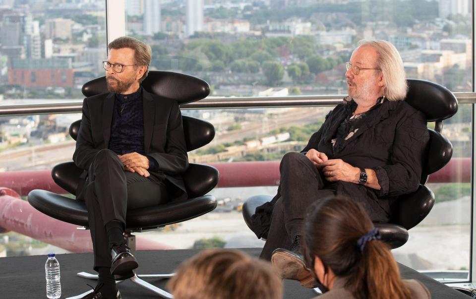 Björn Ulvaeus and Benny Andersson at a press conference in London yesterday - Getty