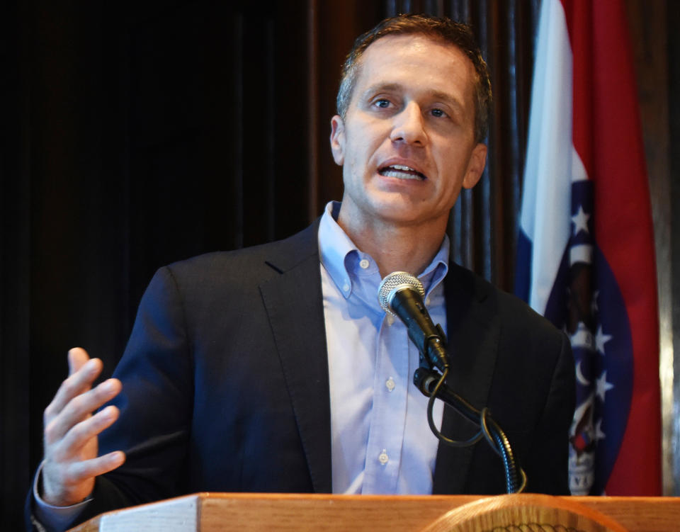 Missouri Gov. Eric Greitens speaks at a news conference about allegations related to his extramarital affair with his hairdresser, in Jefferson City, Mo., Wednesday, April 11, 2018. (Photo: Julie Smith/Jefferson City News-Tribune via AP)