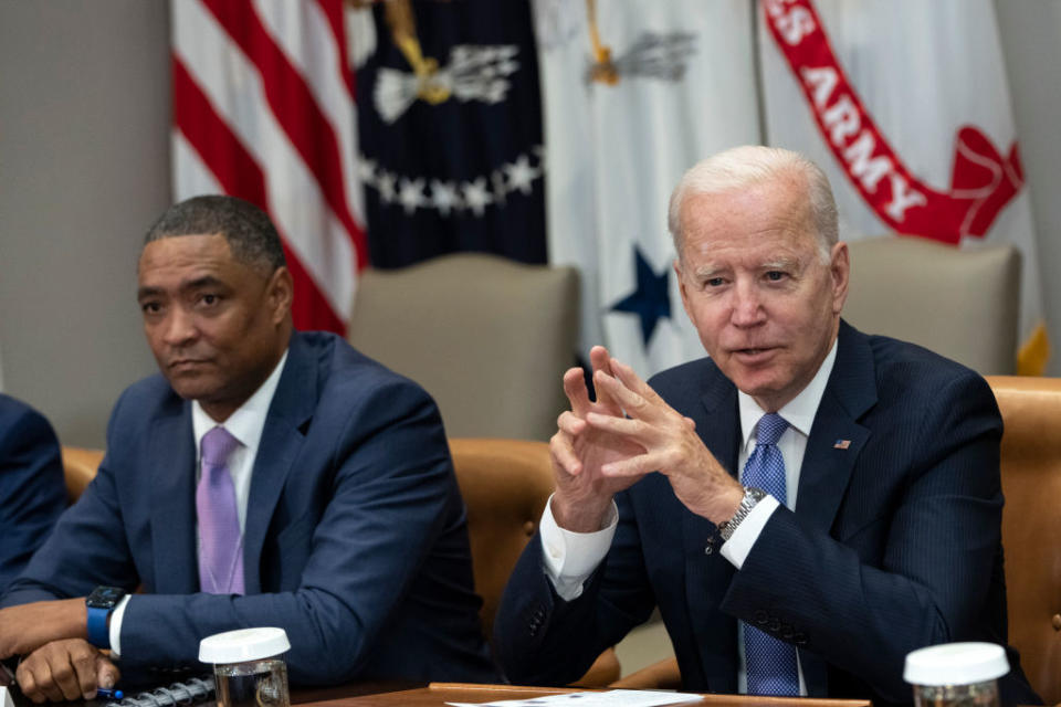 (L-R) Cedric Richmond, senior advisor to the president and director of the White House Office of Public Engagement, looks on as U.S. President Joe Biden meets with advisors, union and business leaders about infrastructure in the Roosevelt Room of the White House on July 22, 2021 in Washington, DC. The $1.2 trillion bipartisan infrastructure plan could get another chance to move forward in the Senate on Monday. (Photo by Drew Angerer/Getty Images)