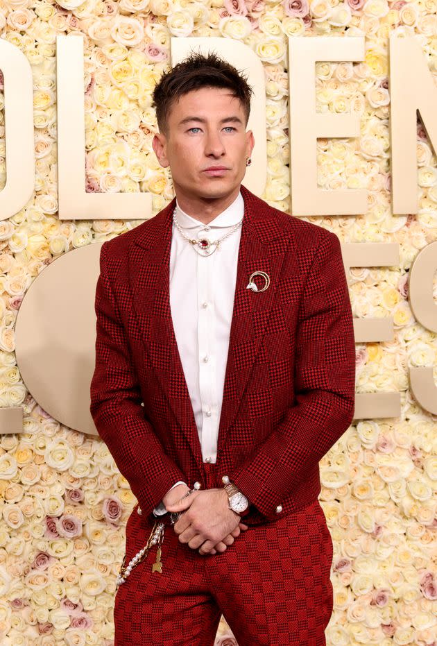 Barry Keoghan was rad in red plaid Louis Vuitton and pearls during the Globes.