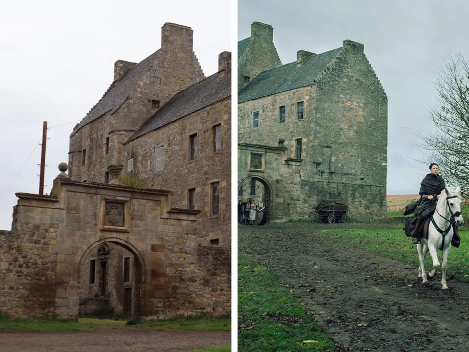 Side by side comparison of Midhope Castle with the author's view on the left and a still from "Outlander" on the right.